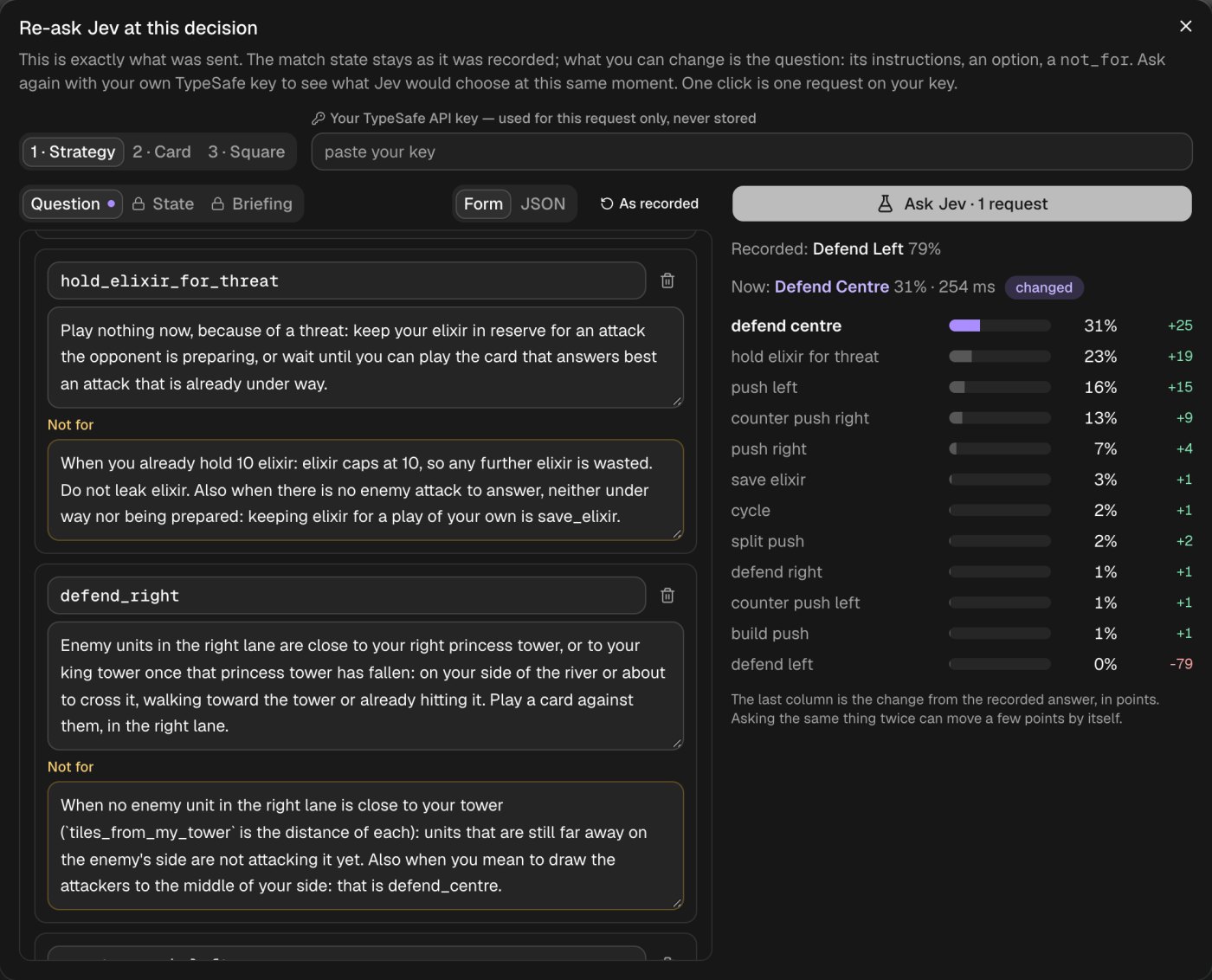 The Re-ask Jev panel. On the left, the strategy question as a form. On the right, the result: recorded Defend Left 79 percent, now Defend Centre 31 percent, hold elixir for threat 23 percent, push left 16 percent.